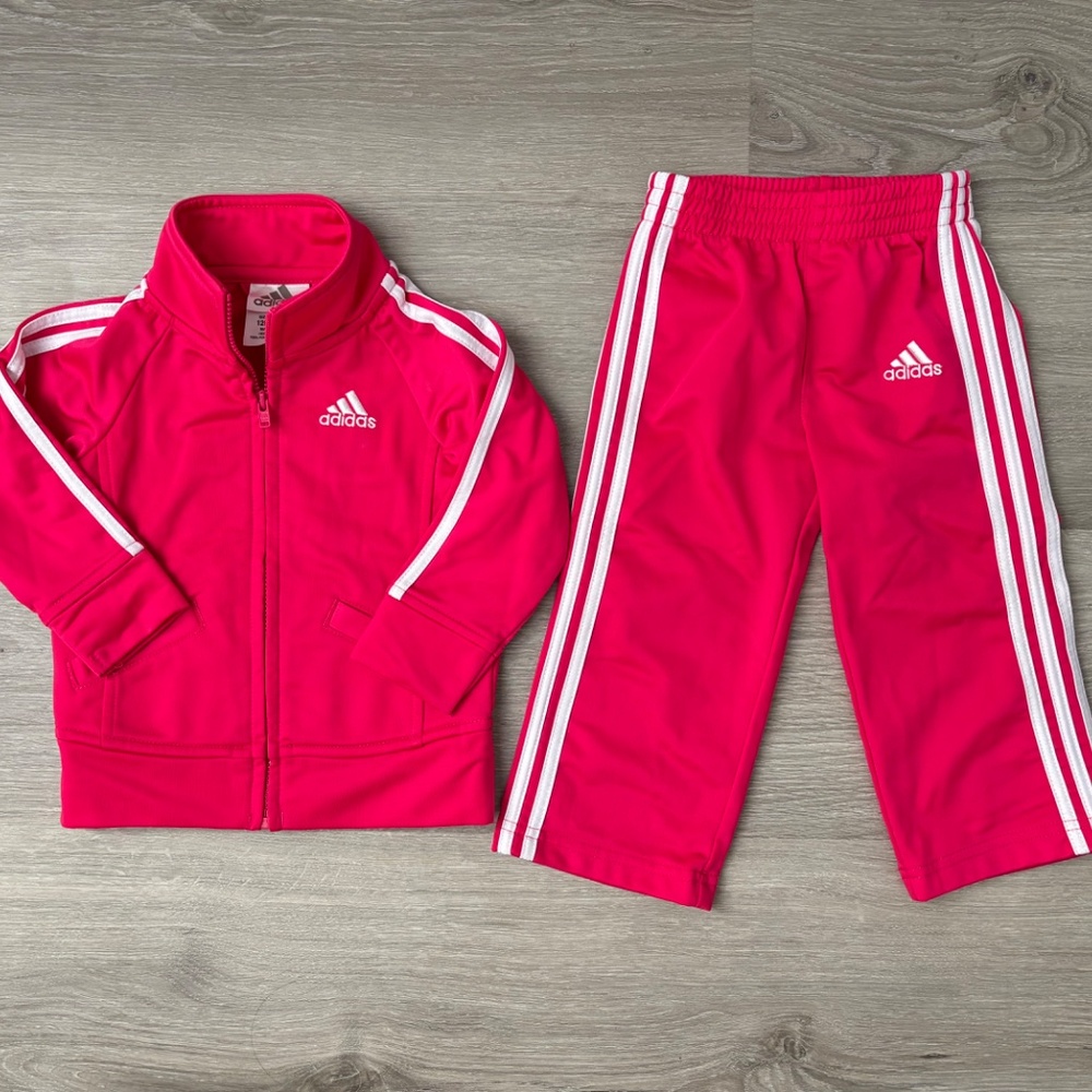 NWOT Adidas Girl Track Suit Hot Pink Baby Toddler 12 Months Zip Up Logo Pant Set